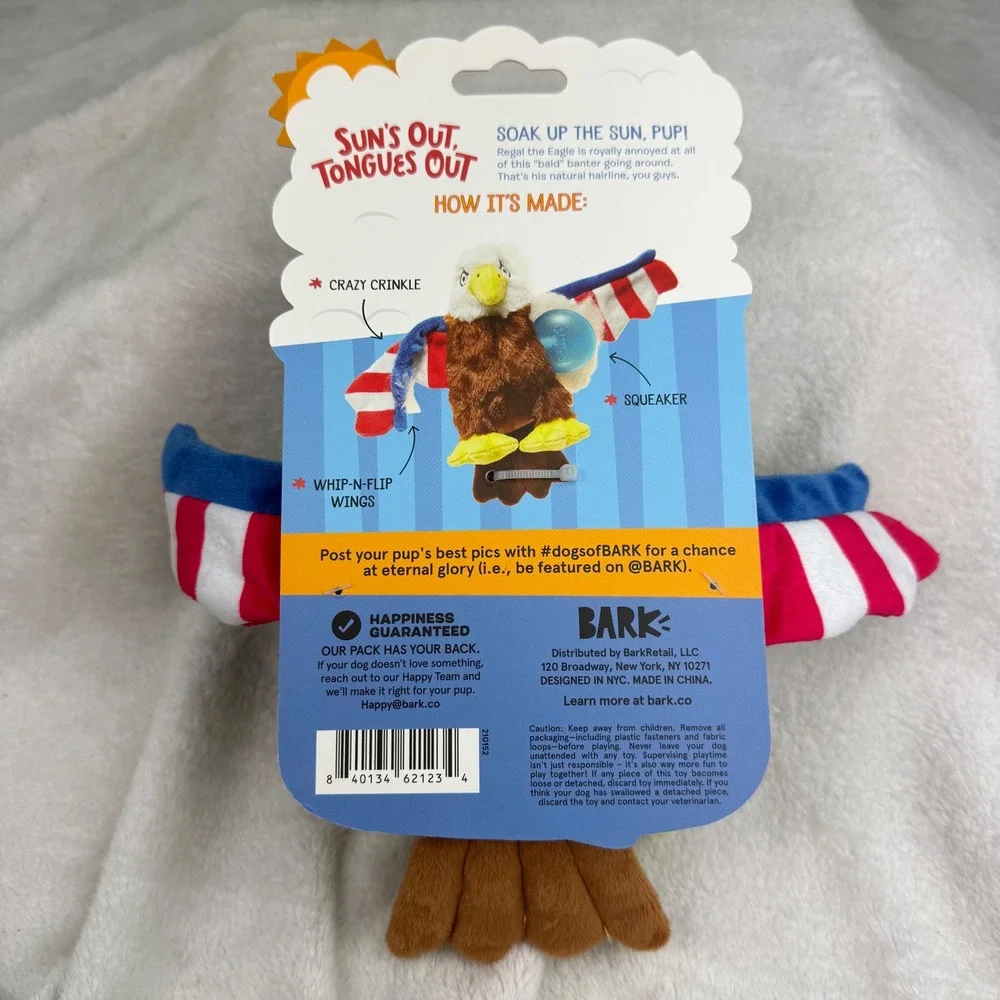 BARK Sun's Out Tongues Out Regal the Eagle Plush Dog Toy Squeaker Crinkle NEW